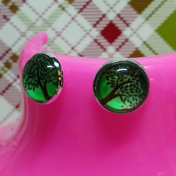 Handmade Silver Tone with Green Tree of Life Stud Earrings Fashion Jewelry #86 - Picture 3 of 11